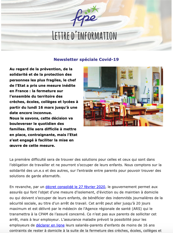 Newsletter : Coronavirus - semaine 1